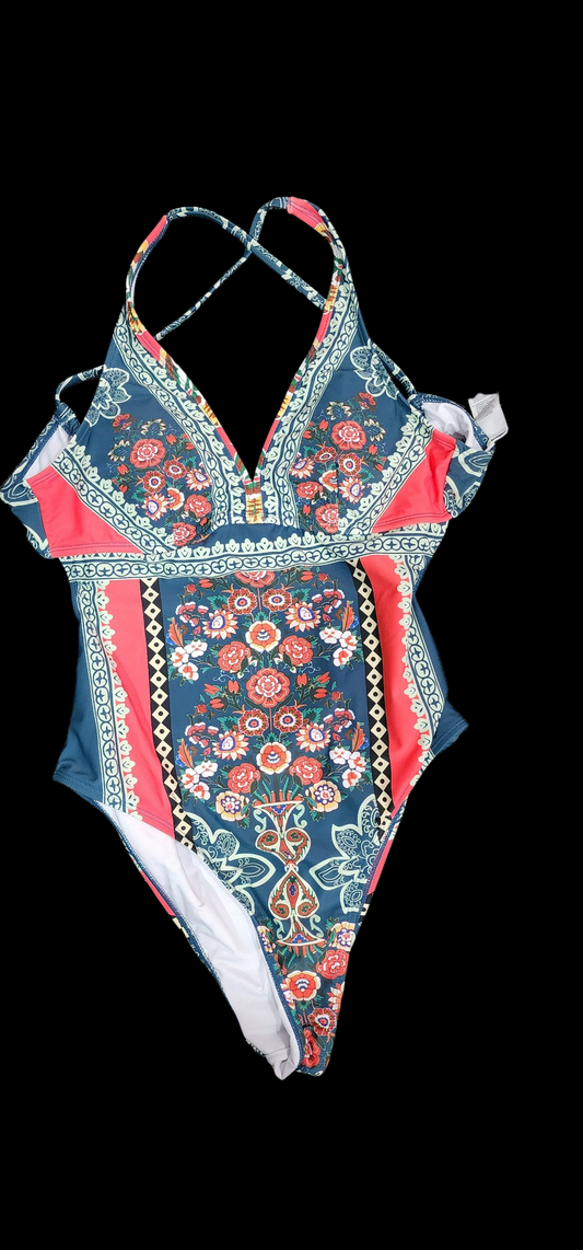 Green flowery one piece bathing suit