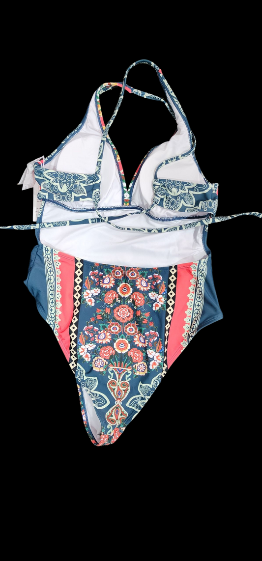 Green flowery one piece bathing suit